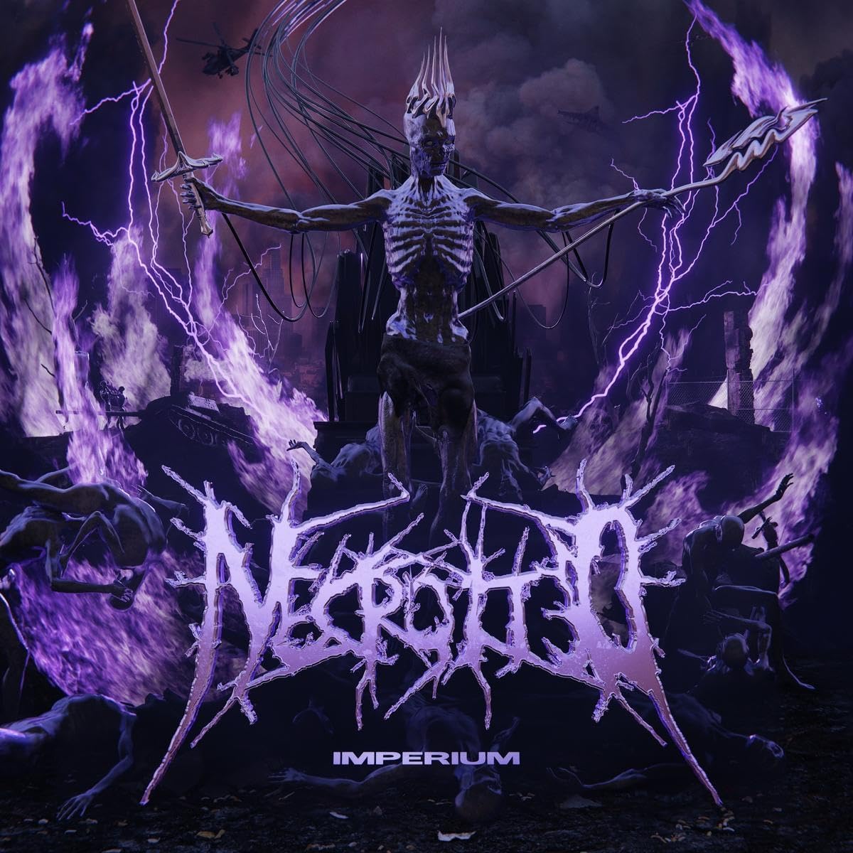 "Album cover art: skeletal figure with swords, surrounded by lightning and corpses, with 'Necrotted' and 'Imperium' text."