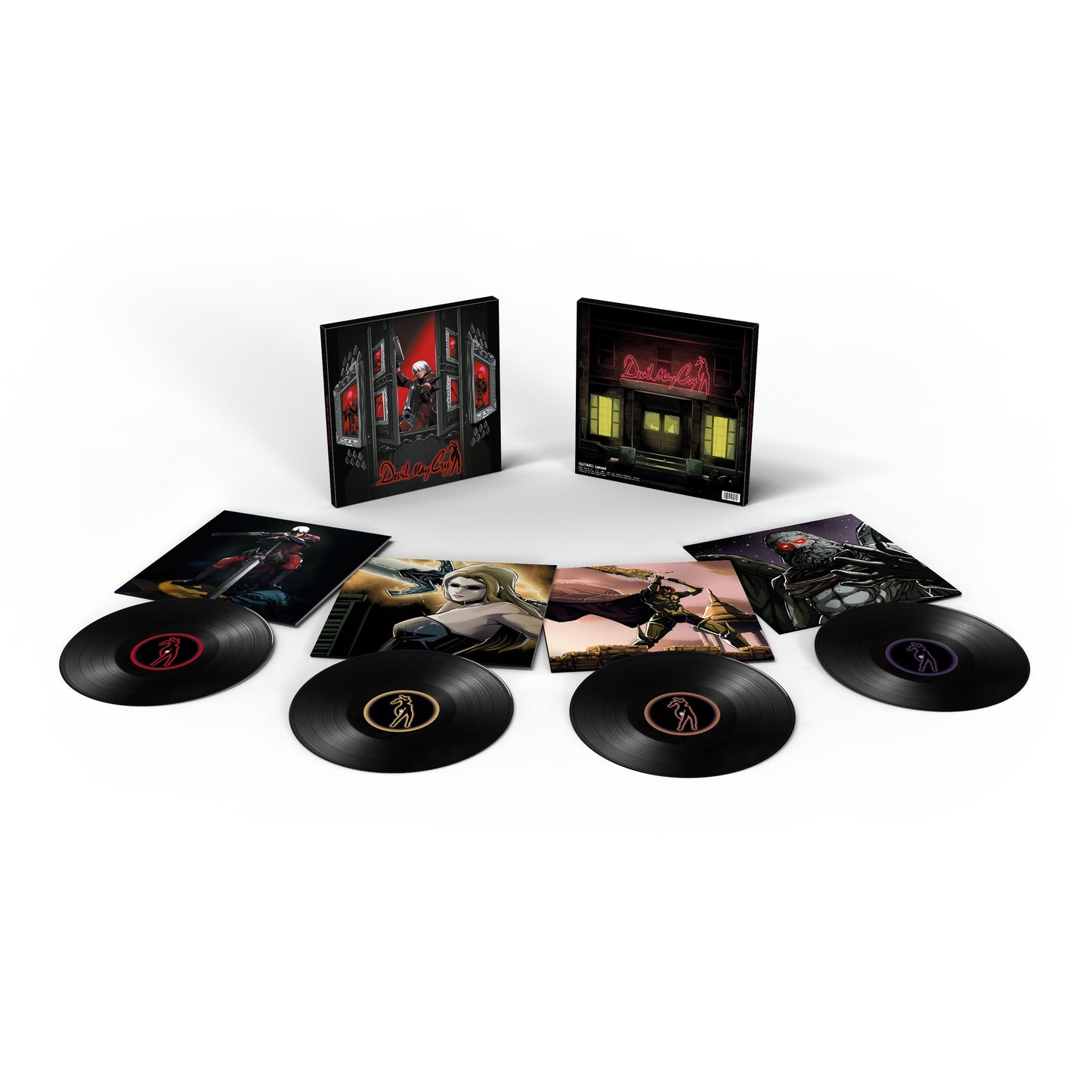"Four vinyl records with colorful covers and a character logo on each label."
