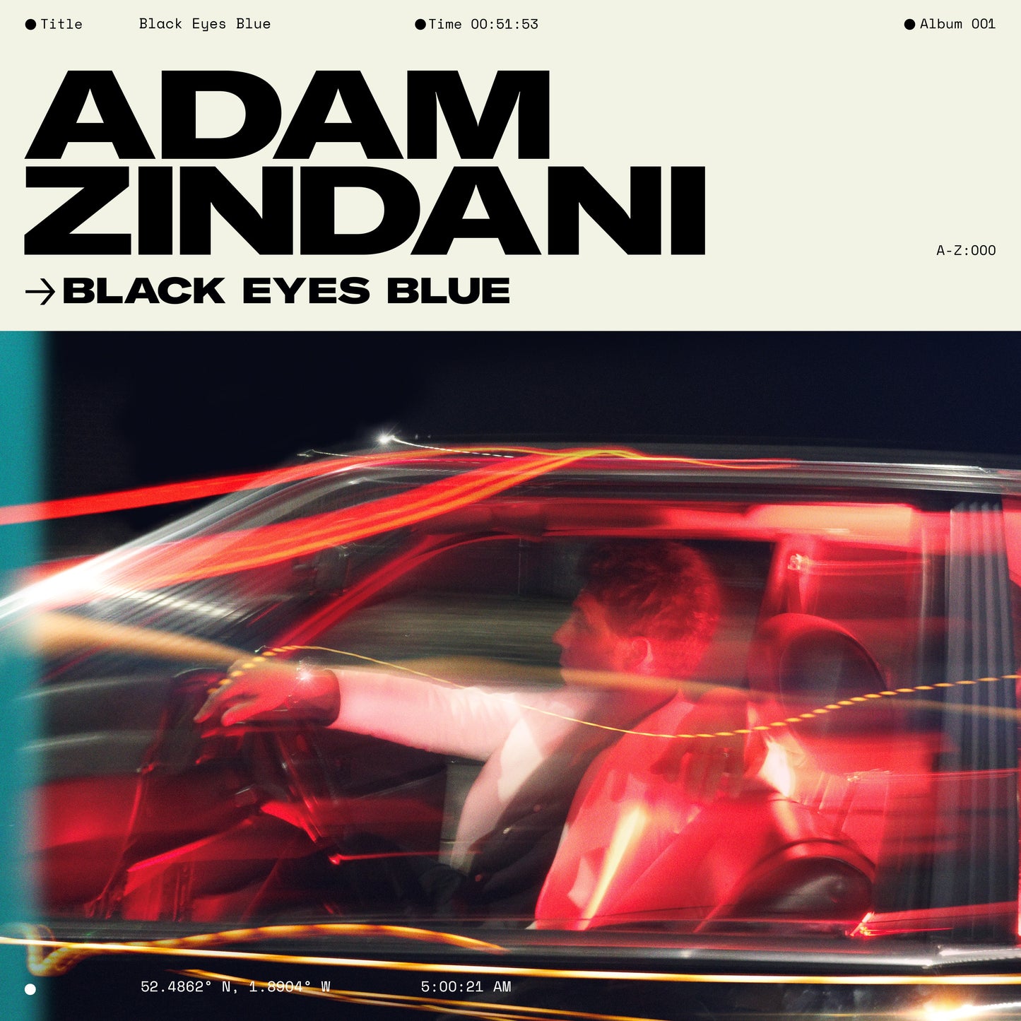 "Album cover with man driving a red car at night, bold typography."
