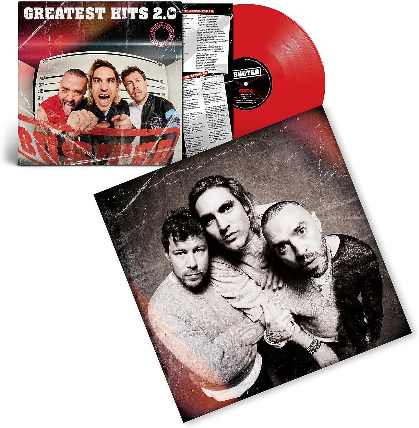 "Red vinyl record with sleeve featuring three men, alternate cover in black and white."