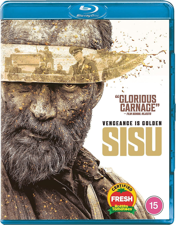 "SISU" Blu-ray case with a bearded man and "CERTIFIED FRESH" and "15" ratings.