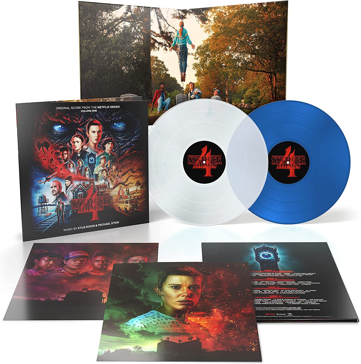 "Stranger Things 4 vinyl record set with white and blue discs and artwork."