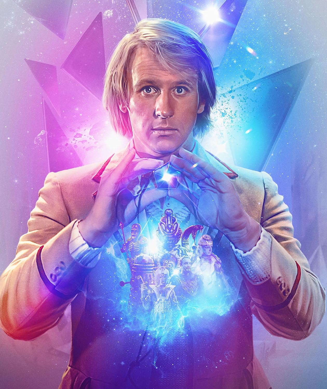 "Man in beige coat holding a glowing crystal surrounded by alien figures."