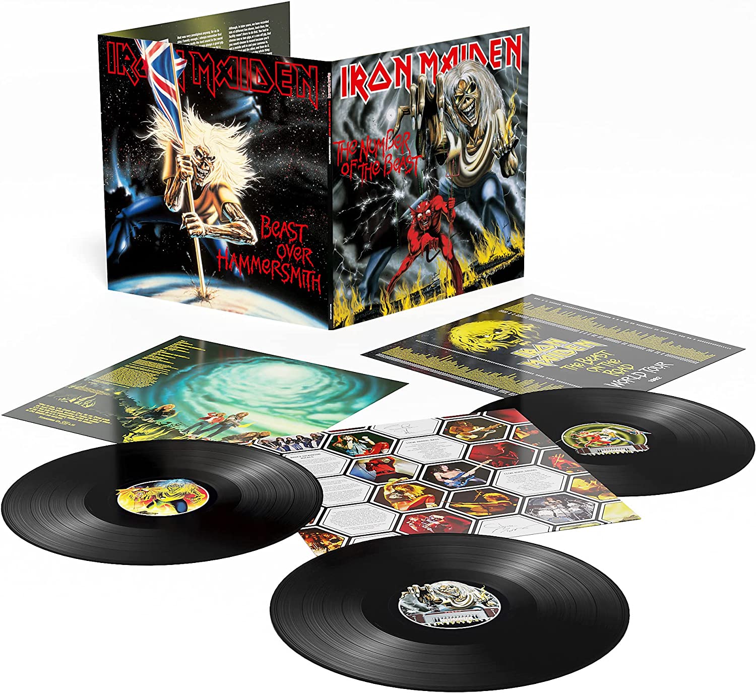 "Iron Maiden vinyl box set with 3 records, album covers, and inserts."