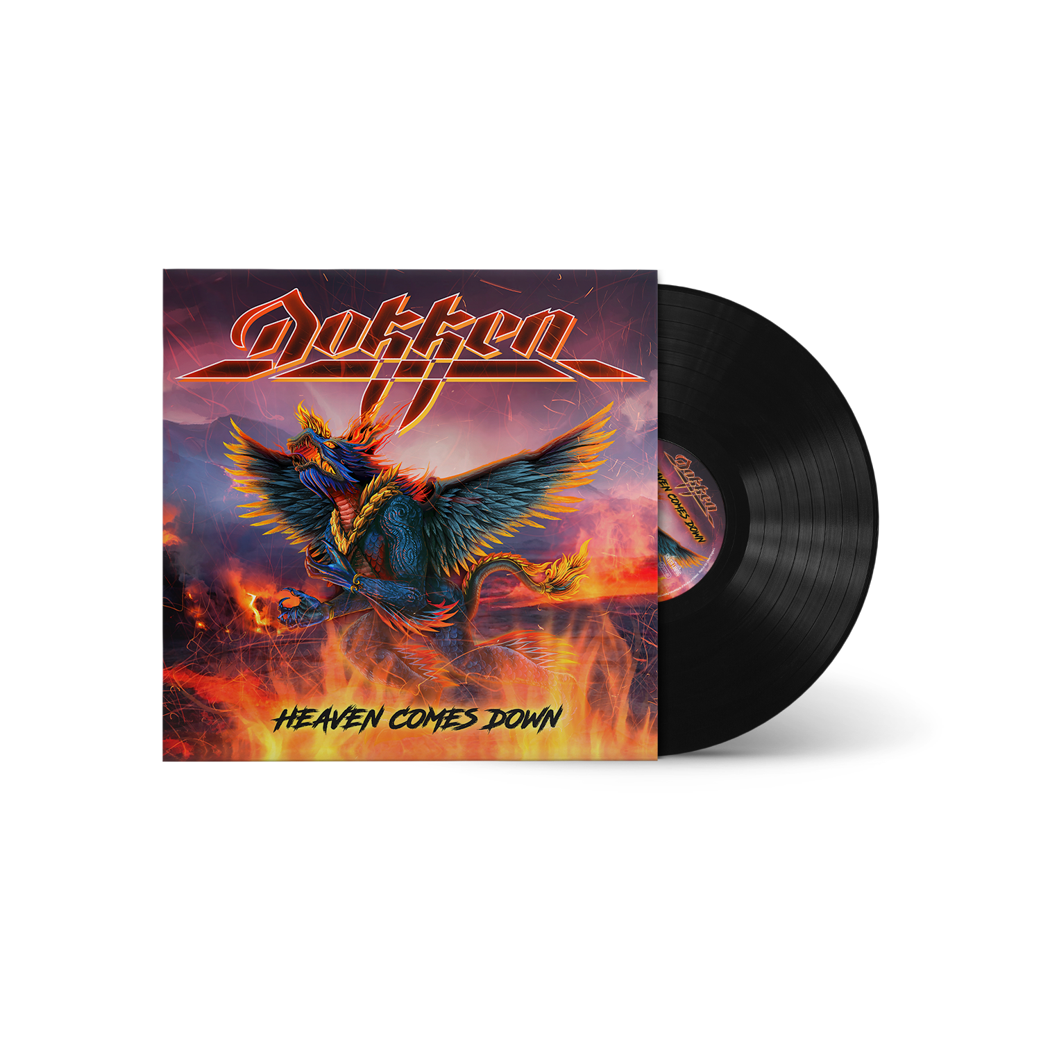 "Vinyl record with cover art featuring a phoenix and the title 'Heaven Comes Down'."
