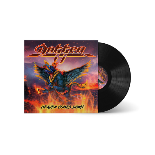 "Vinyl record with cover art featuring a phoenix and the title 'Heaven Comes Down'."