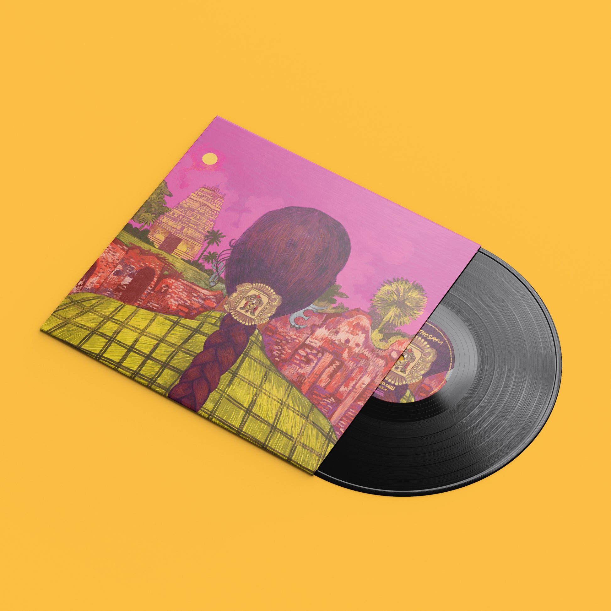 "Vinyl record with colorful cover art featuring a woman's back and temple."