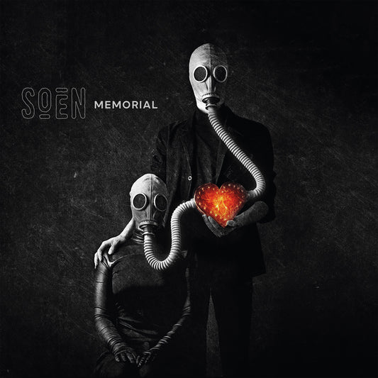 "Album cover with two figures wearing gas masks, one holding a glowing heart."