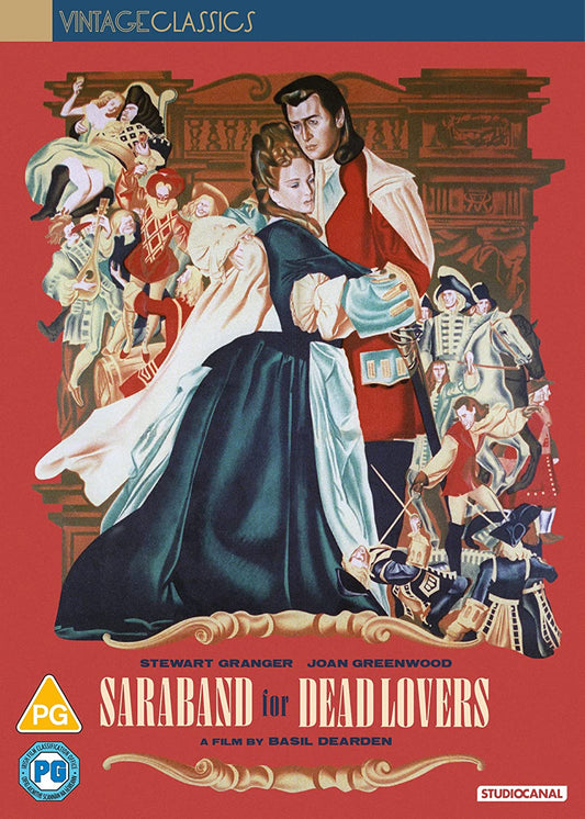 "Saraband for Dead Lovers" DVD cover featuring a couple surrounded by historical figures.