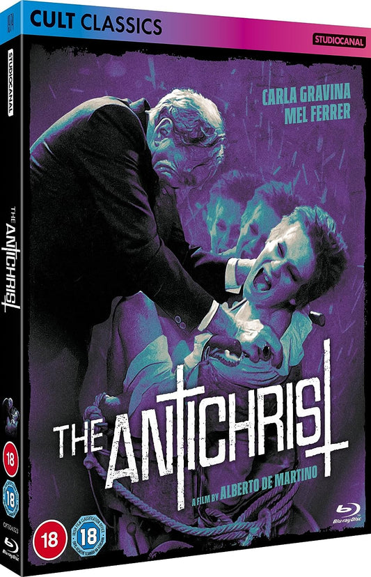 "The Antichrist" Blu-ray case with a man restraining a woman, purple background.