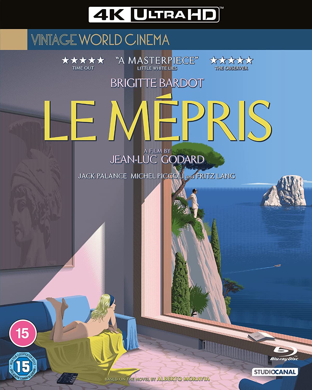 "Blu-ray cover art for 'Le Mepris' featuring a woman on a balcony overlooking the sea."