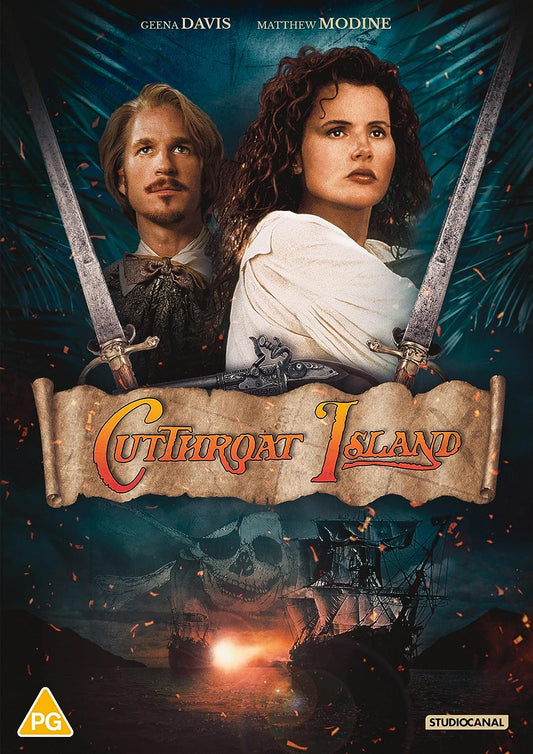 "Movie cover for 'Cutthroat Island' featuring a man and woman with swords."