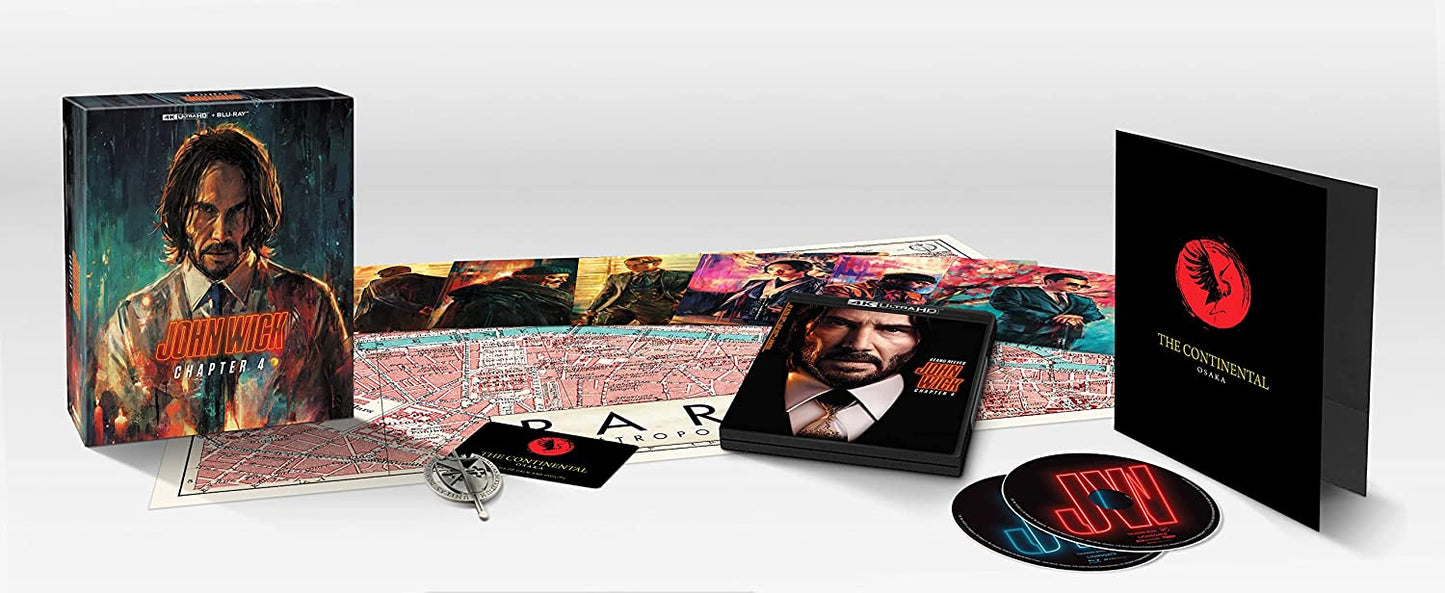 "John Wick Chapter 4 Blu-ray collector's edition box set with discs, cards, and accessories."