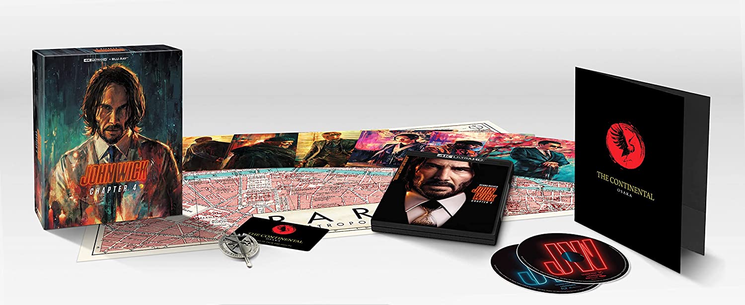 "John Wick Chapter 4 Blu-ray collector's edition box set with discs, cards, and accessories."
