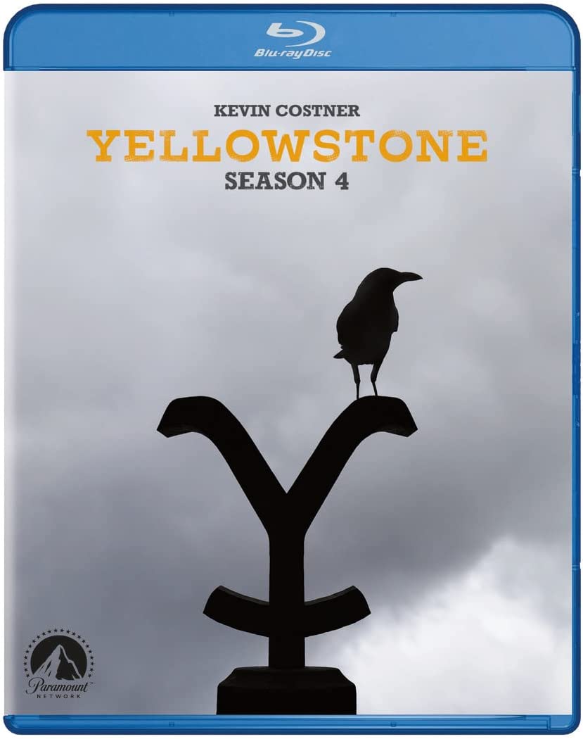 "Blu-ray case for Yellowstone Season 4 with a crow on a 'Y' sculpture."