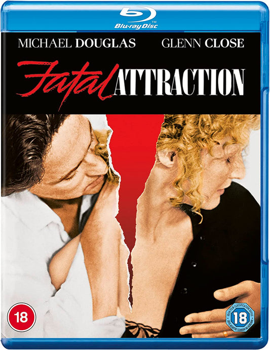 "Blue Blu-ray case with 'Fatal Attraction' cover, featuring Michael Douglas and Glenn Close."