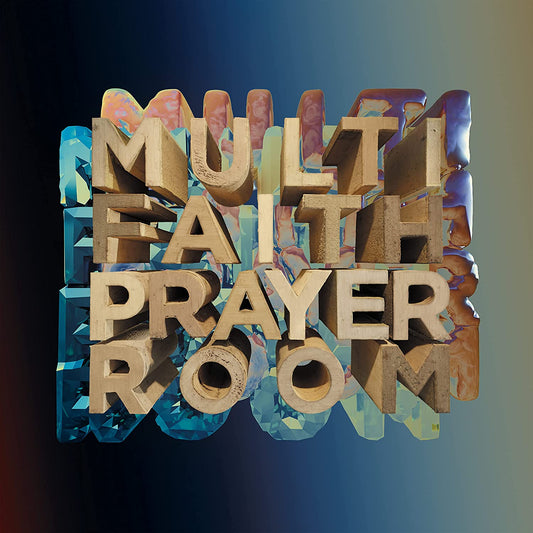 "Wooden letters spell 'Multi Faith Prayer Room' against a dark blue gradient background."