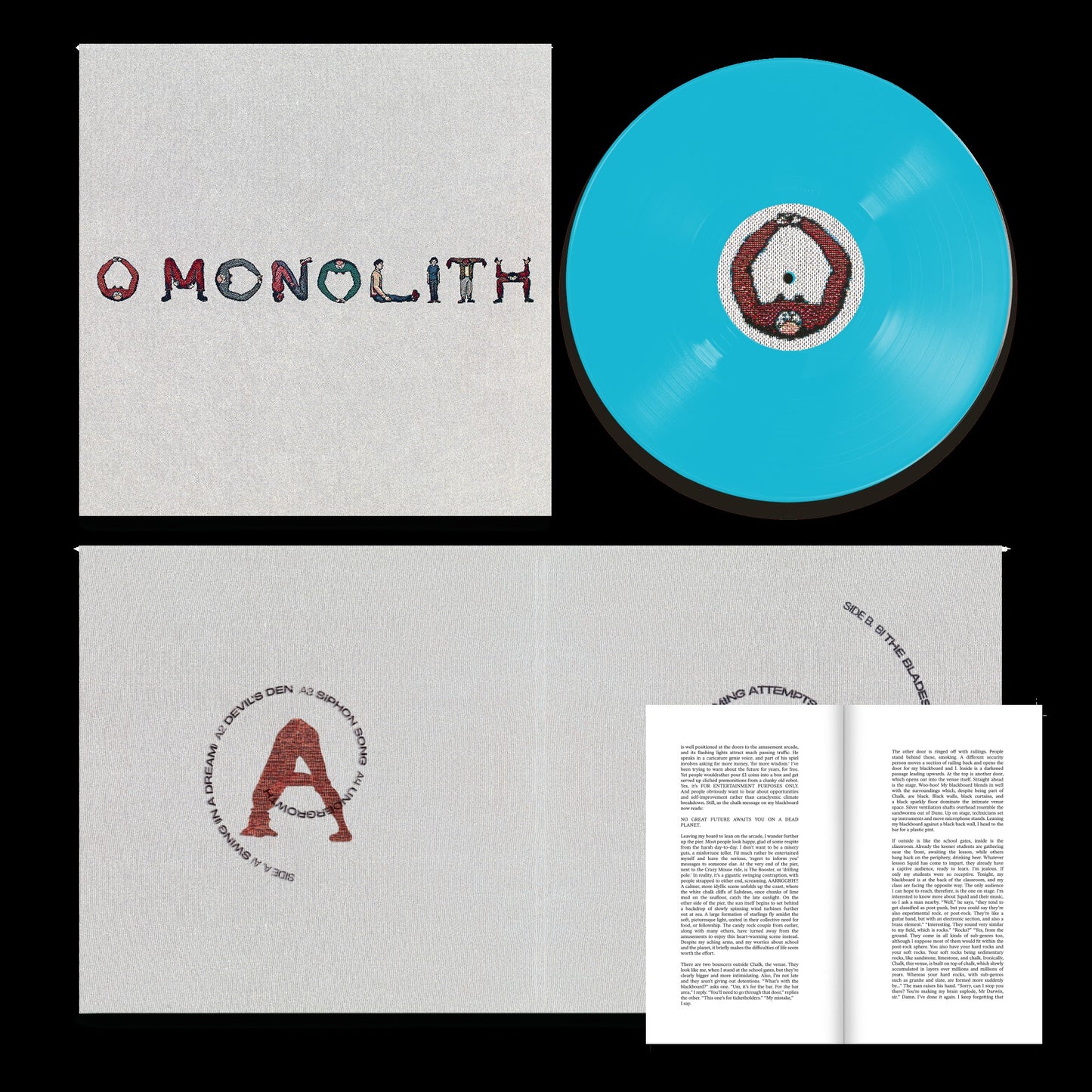 Blue vinyl record with white sleeve and booklet, featuring "O Monolith" artwork.