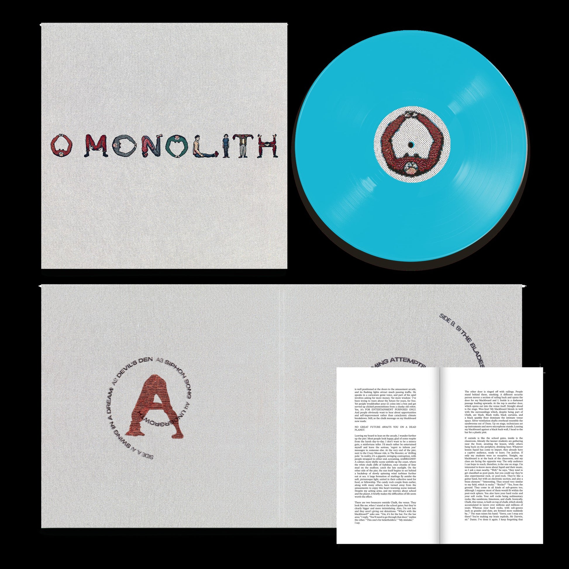 Blue vinyl record with white sleeve and booklet, featuring "O Monolith" artwork.