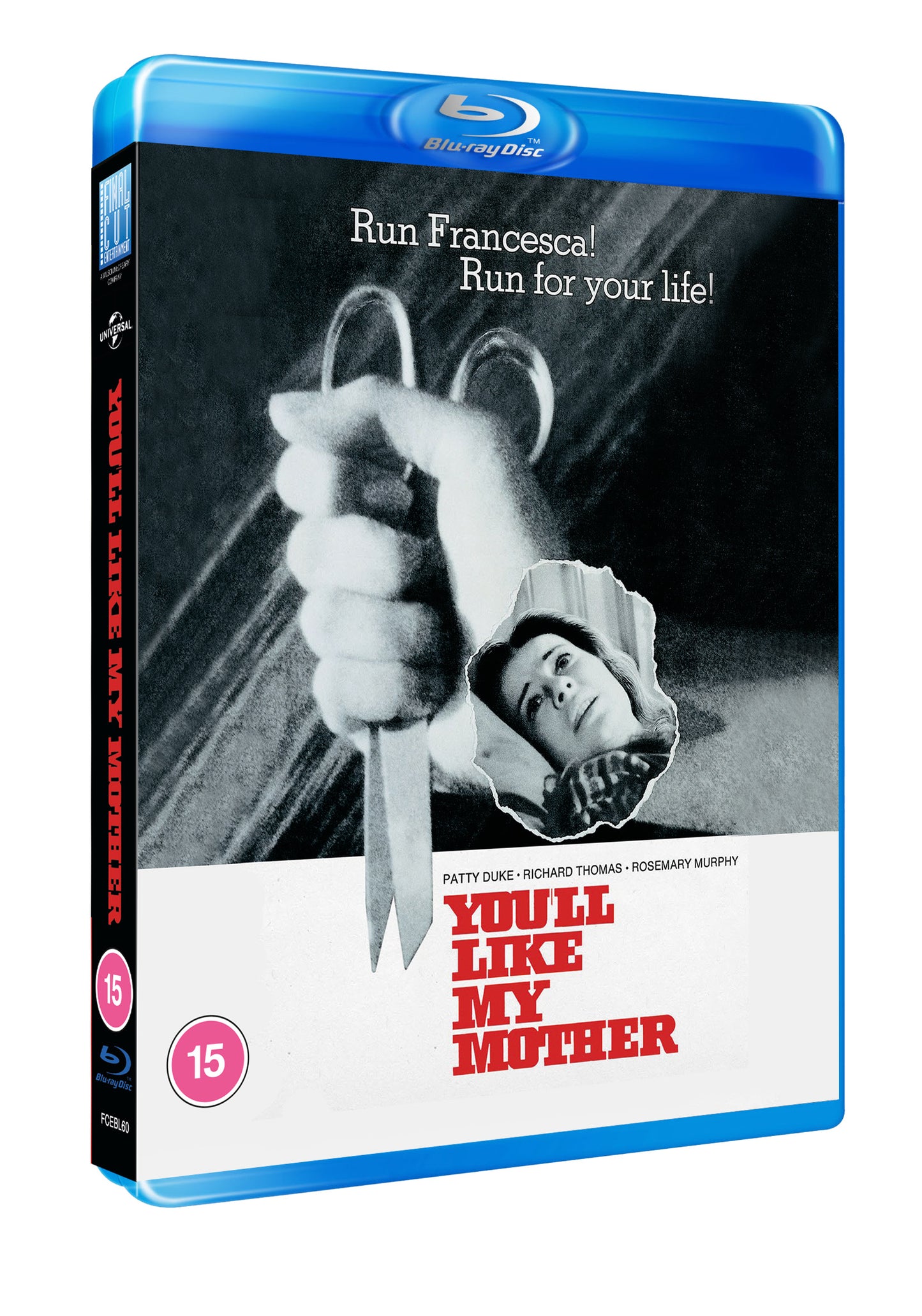 "Blu-ray case with black and white cover art featuring a woman being dragged."
