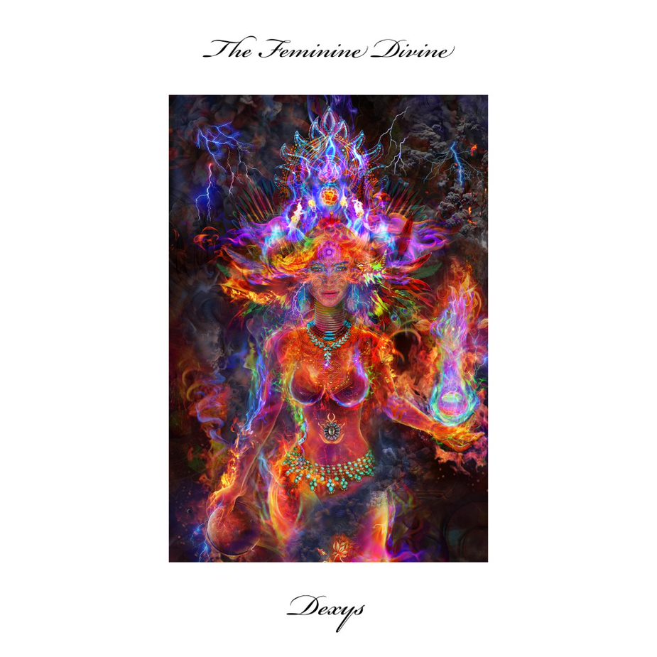 The image is a CD cover featuring a vibrant, surreal illustration. "CD cover with colorful, surreal illustration of a woman surrounded by flames and lightning."