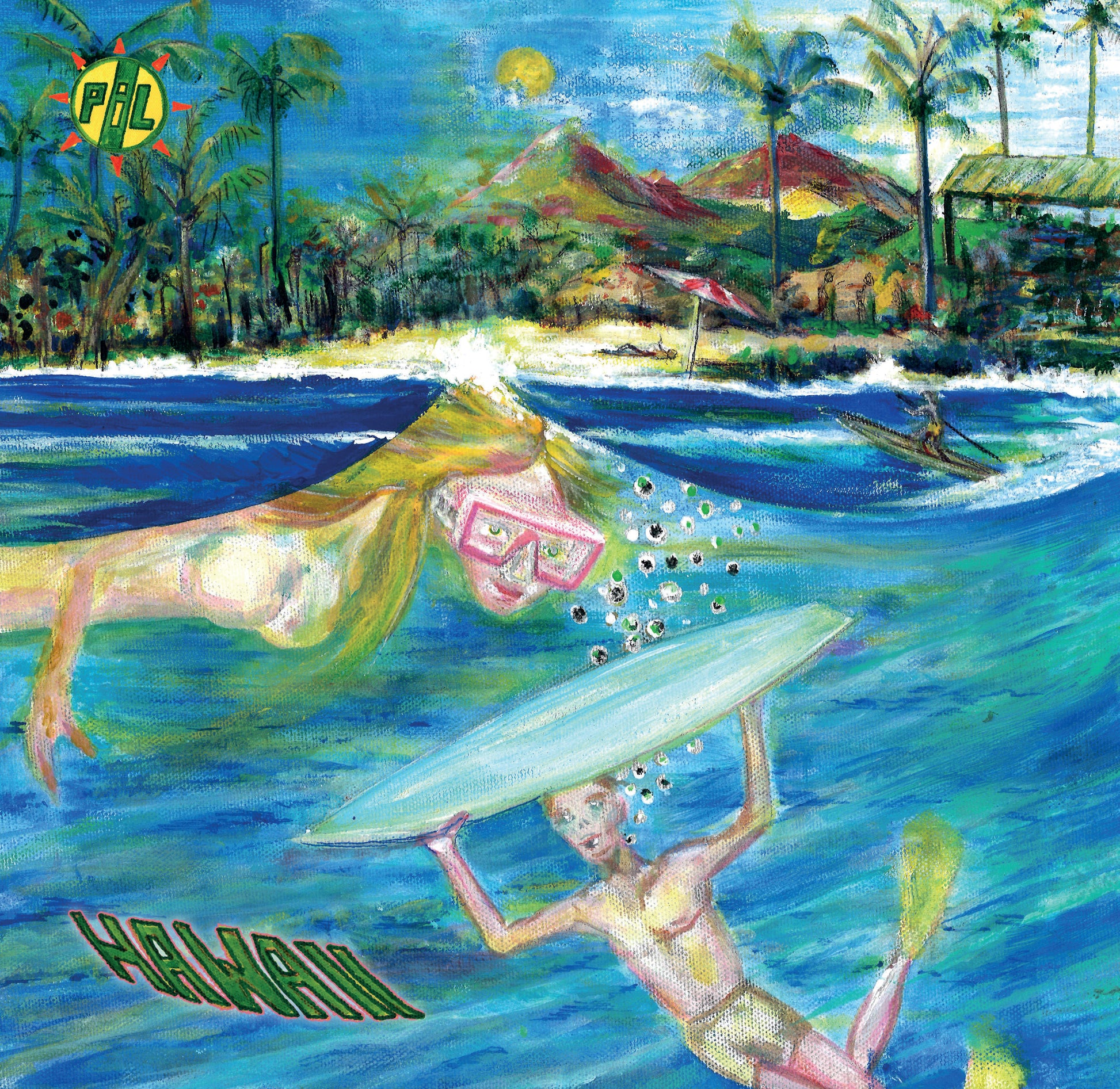 "Painting of two surfers in the ocean with palm trees and a beach in the background."