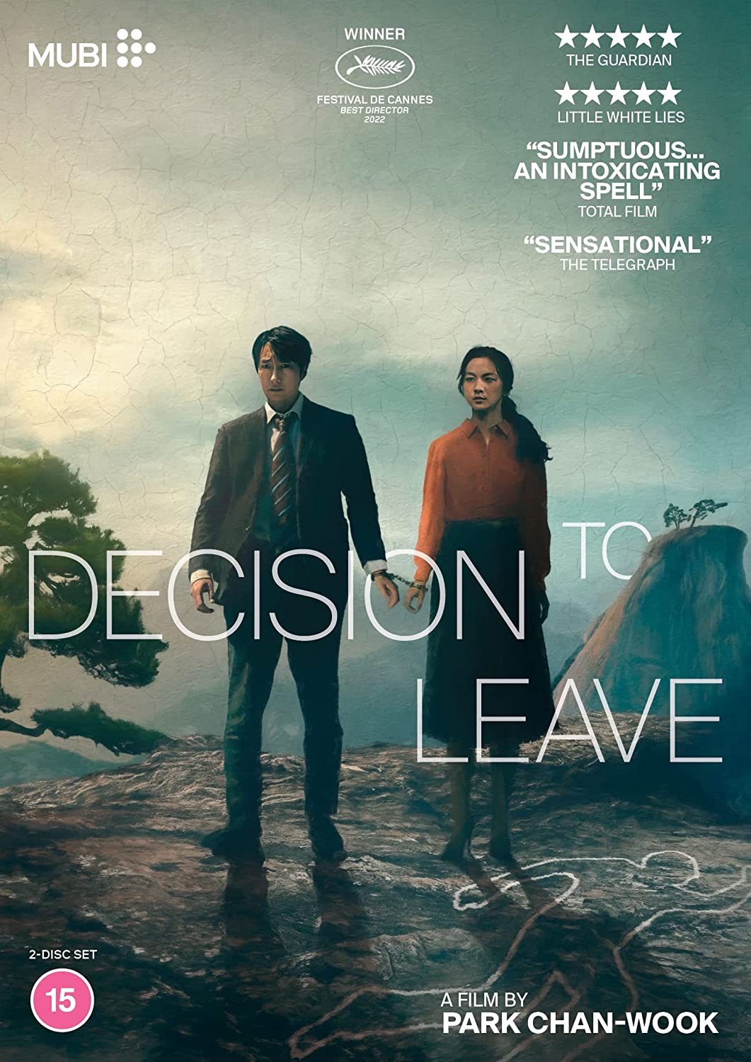 "Movie cover for 'Decision to Leave' showing a man and woman standing outdoors."