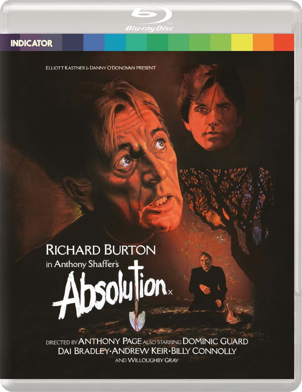 "Blu-ray case with cover art featuring a priest and man with a shovel."