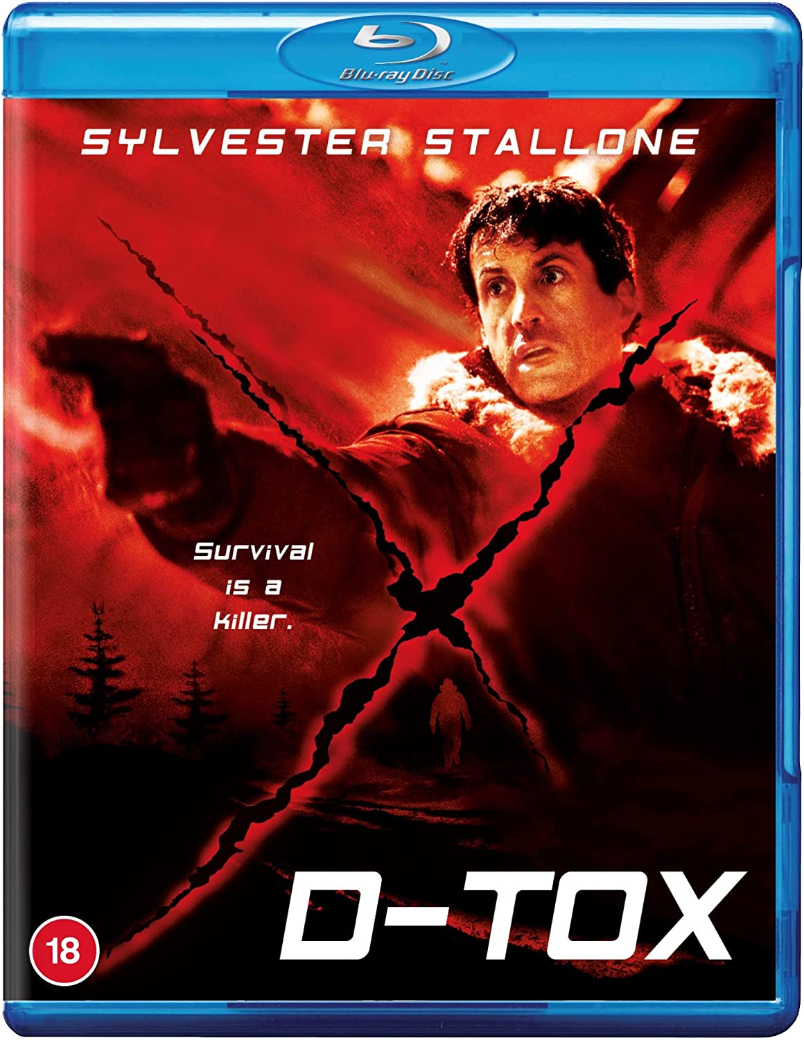 "Blue Blu-ray case with red cover featuring Sylvester Stallone in a fur-lined coat."