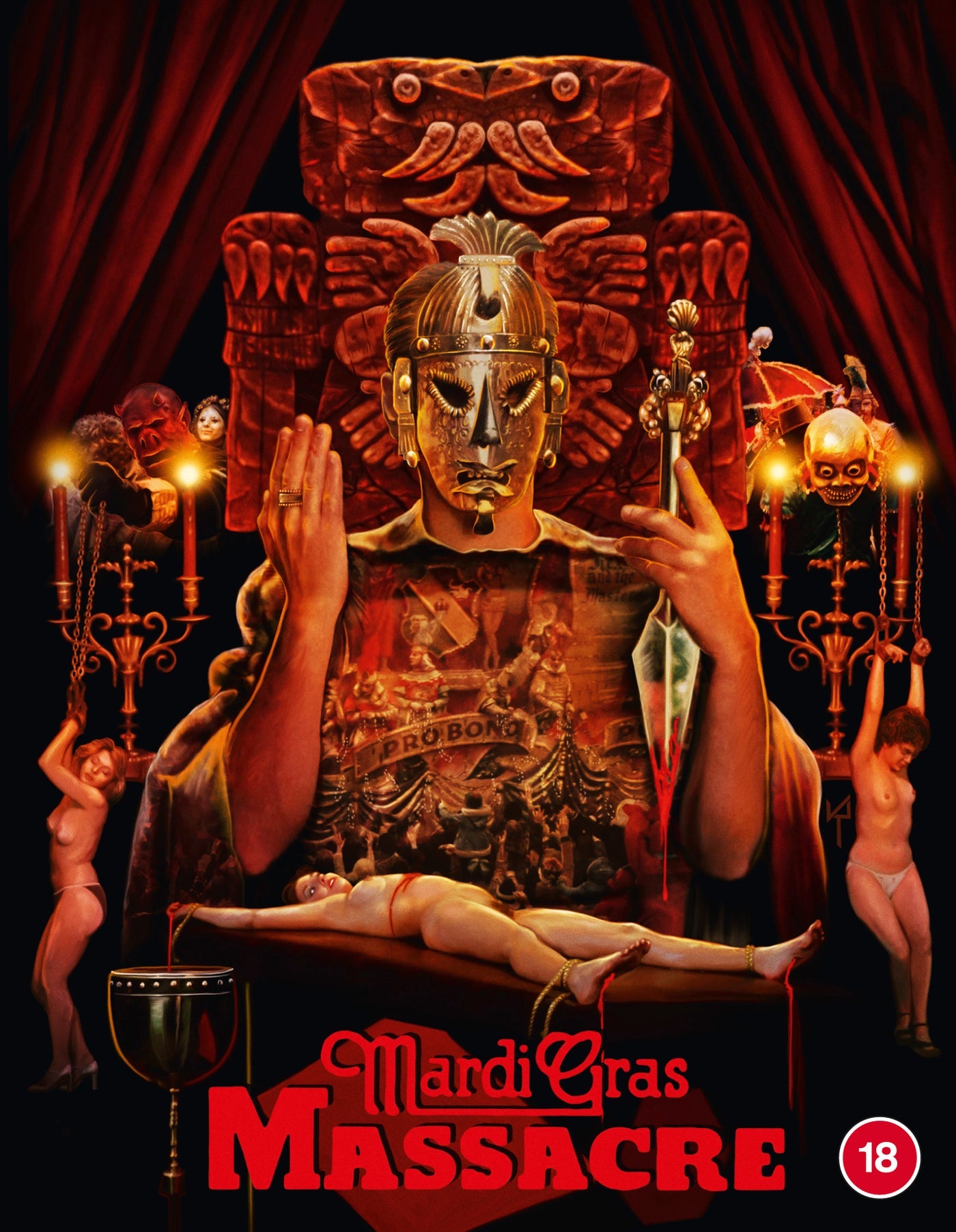 "Movie cover art: a masked figure holding a dagger and a corpse on an altar."