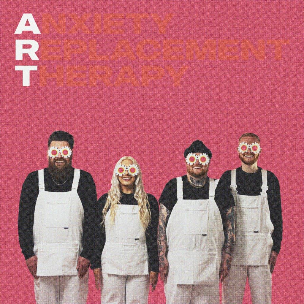 Album cover with four band members wearing white overalls and flower-shaped sunglasses on red background.