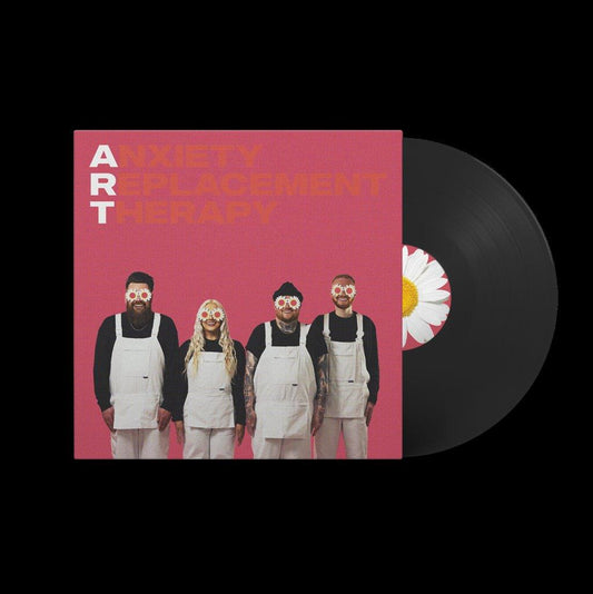 "Vinyl record sleeve with red cover, four band members, and a black vinyl."