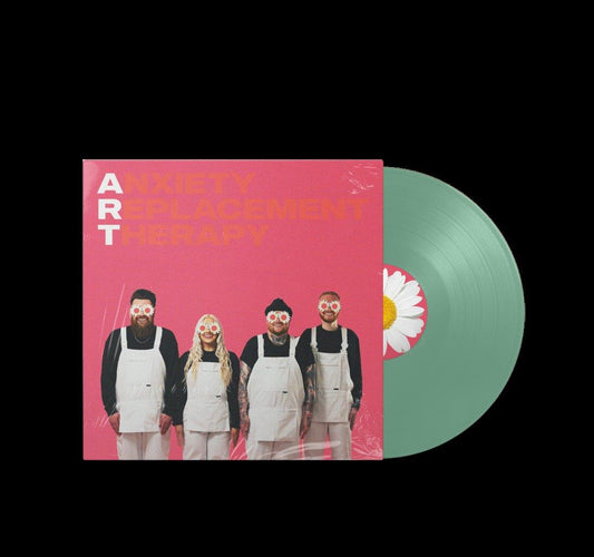 "Green vinyl record with a pink album cover featuring four people wearing daisy masks."