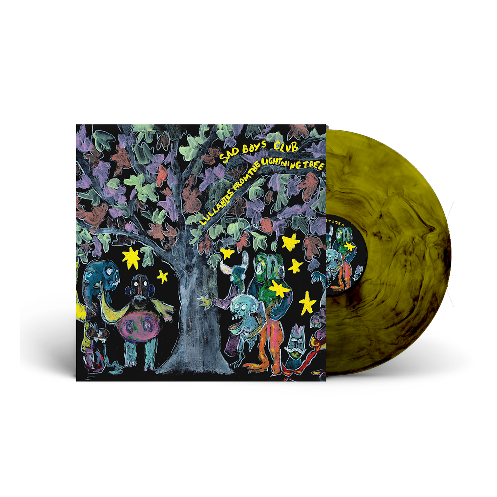 "Vinyl record with yellow-black marbled disc and colorful album cover featuring cartoon characters."