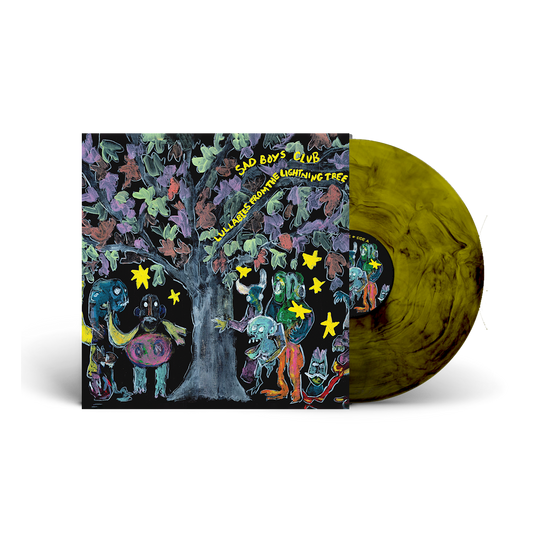 "Vinyl record with yellow-black marbled disc and colorful album cover featuring cartoon characters."