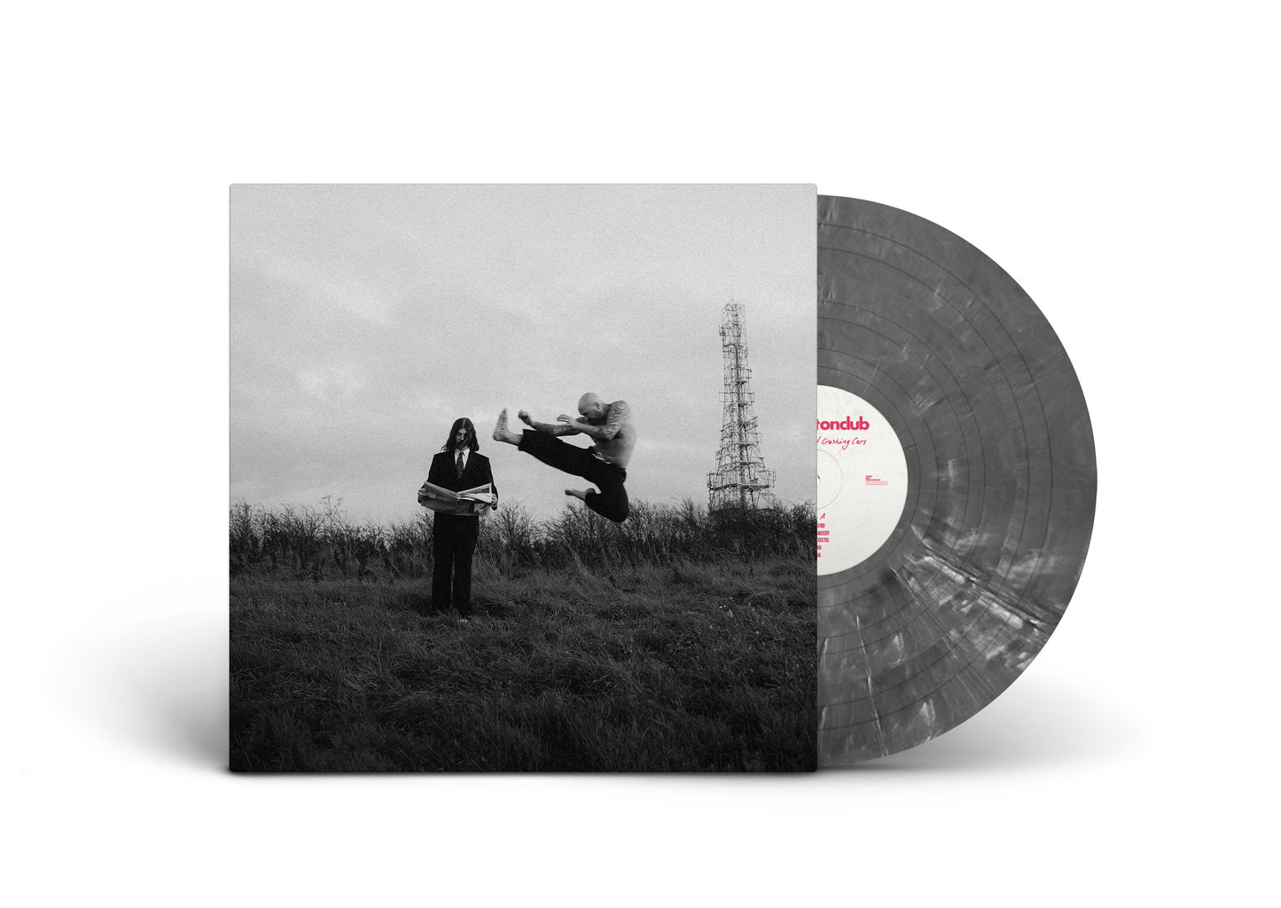 "Vinyl record with grey marbled disc and black-and-white album cover featuring a surreal scene."