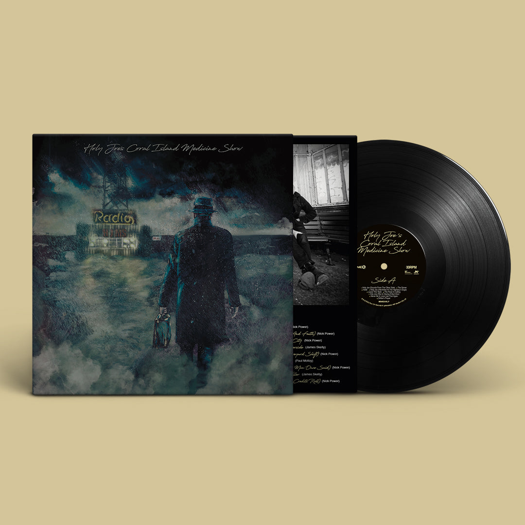"Vinyl record with cover art featuring a man walking away from a building."