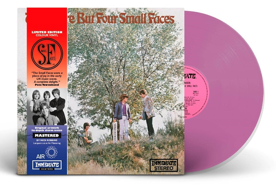 "Pink vinyl record with album cover featuring The Small Faces standing outdoors."