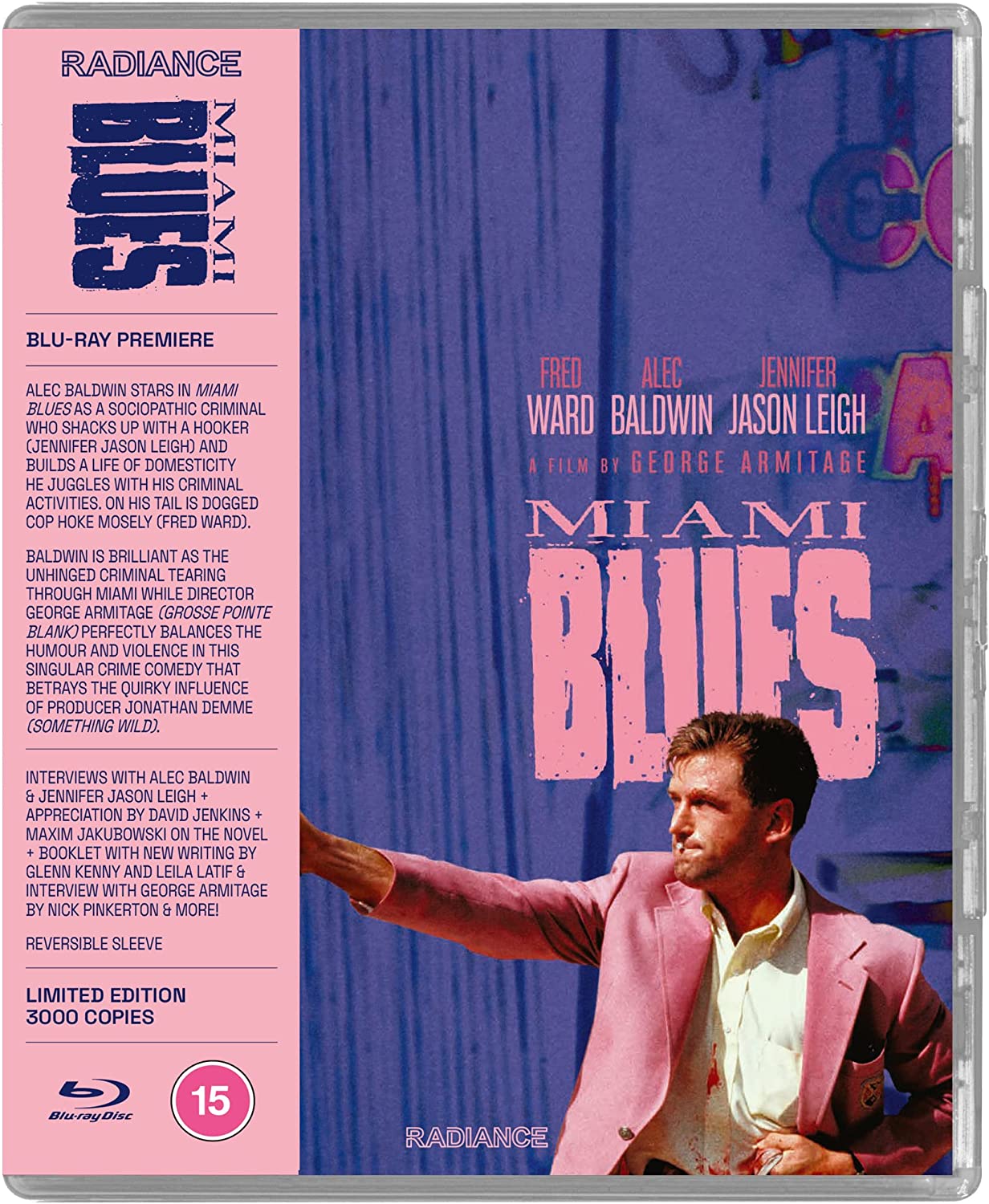 "Blu-ray case for 'Miami Blues' with Alec Baldwin in a pink suit."