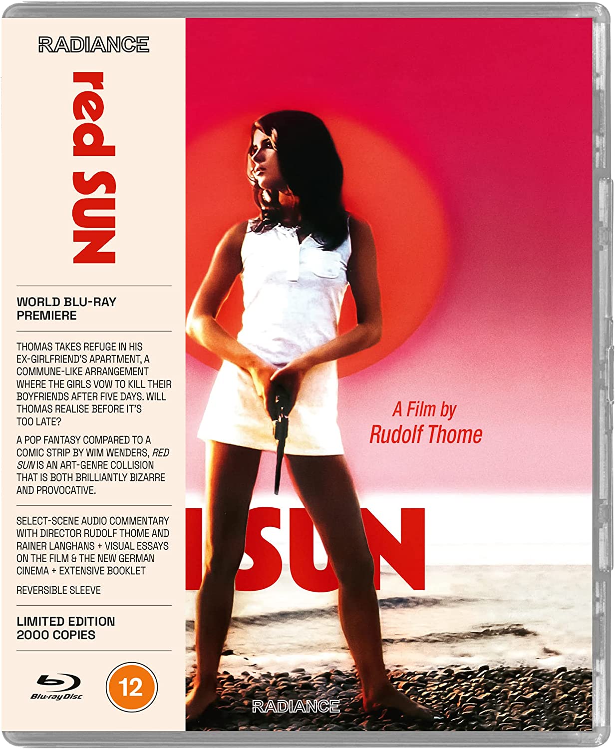 "Blu-ray case cover featuring a woman holding a knife, with red background."