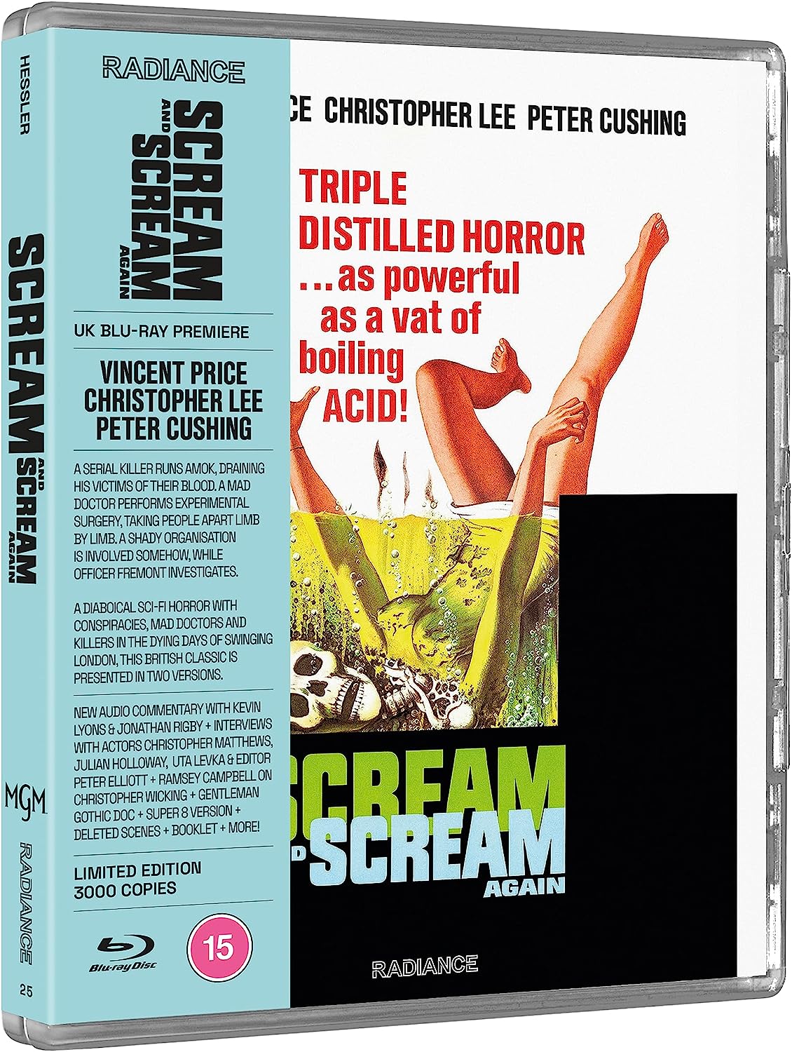 "Scream and Scream Again" Blu-ray case with a graphic of legs in boiling acid.