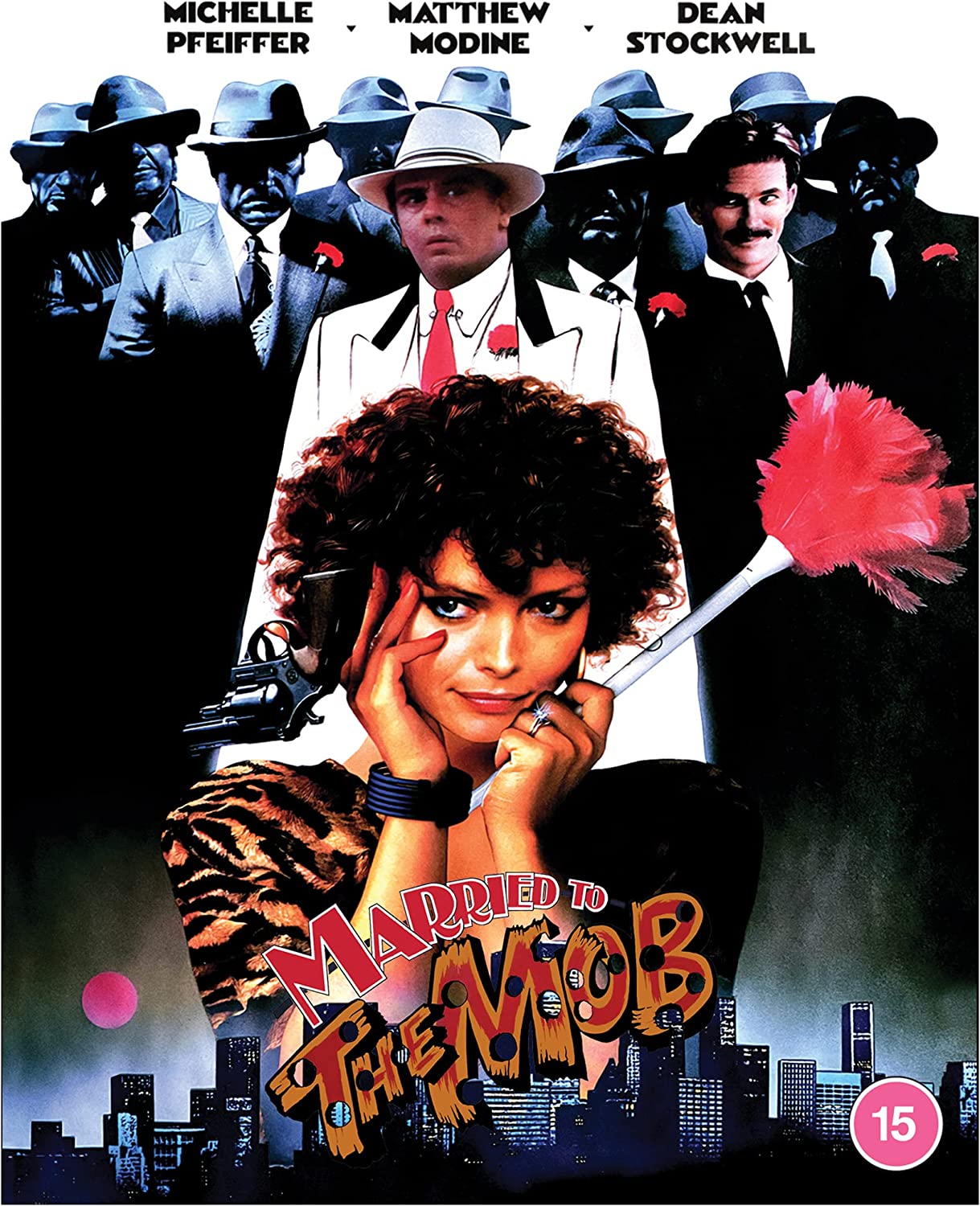 "Movie cover featuring Michelle Pfeiffer surrounded by suited men and a cityscape at night."