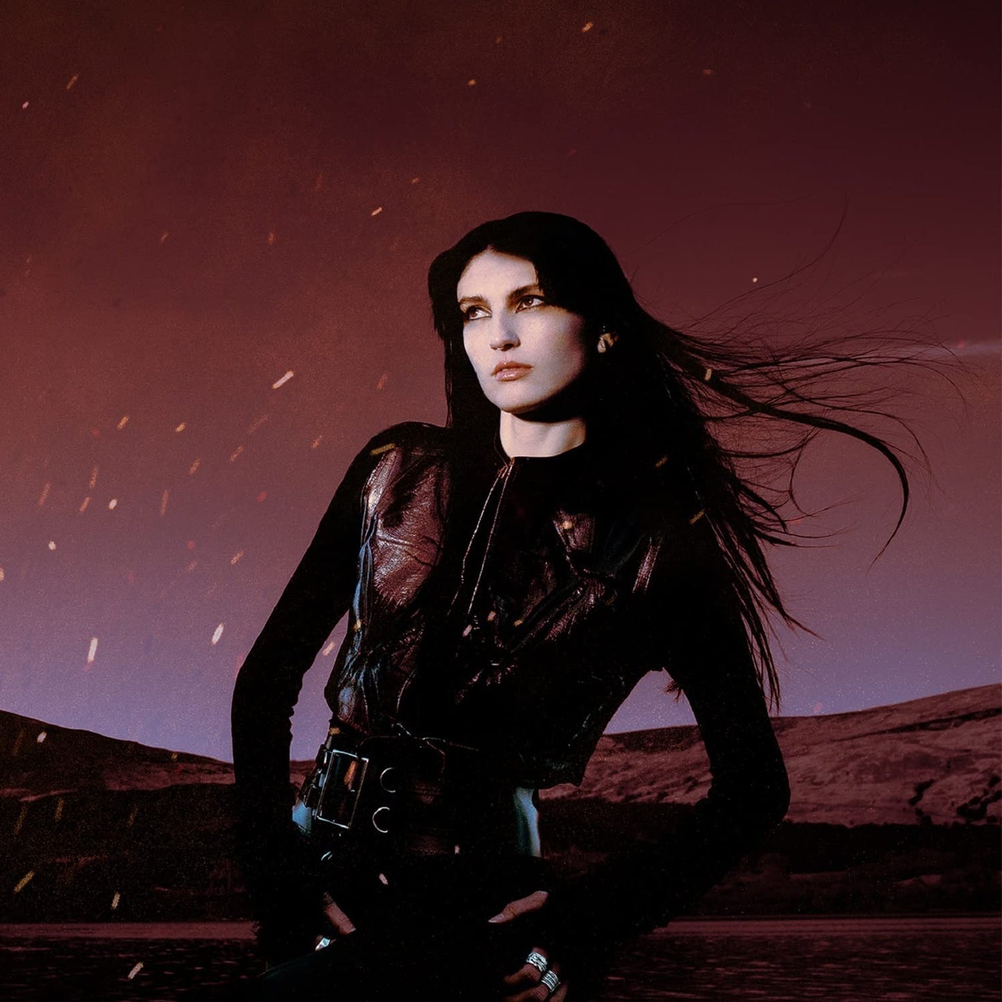 Woman with long dark hair in leather jacket against a red sky.
