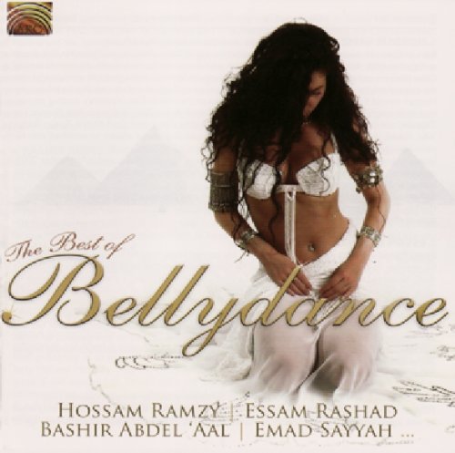 "CD cover with a belly dancer in white, gold script, and pyramid background."