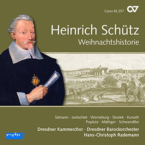 CD cover with portrait of Heinrich Schütz and a landscape illustration.
