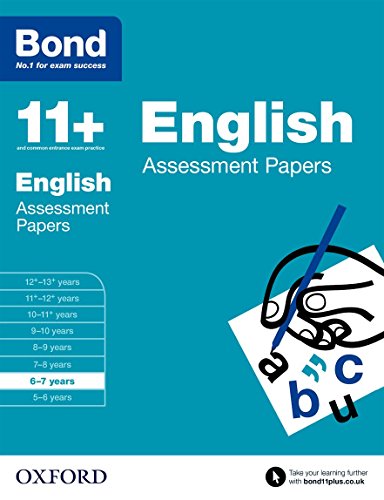 The image depicts a blue book cover with white and blue text and graphics. Alt text: Blue book cover with "Bond 11+ English Assessment Papers" text and letter graphics.