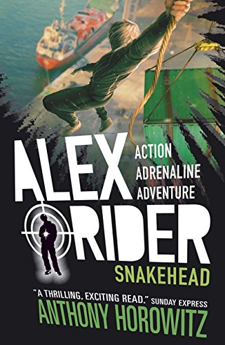 "Book cover of 'Snakehead' by Anthony Horowitz, featuring a boy climbing a rope."