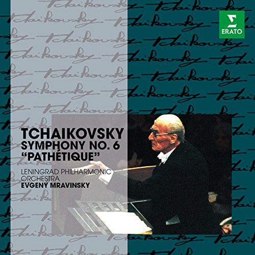 CD cover with conductor Yevgeny Mravinsky on a teal background with Tchaikovsky's signature.