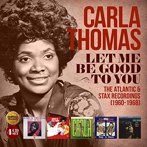"CD box set cover featuring sepia-toned portrait of Carla Thomas with album covers below."