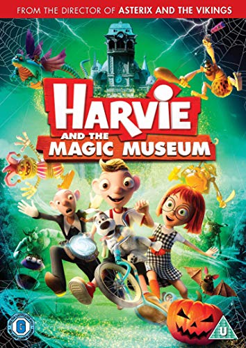 Animated DVD cover for "Harvie and the Magic Museum" with cartoon characters and spooky elements.